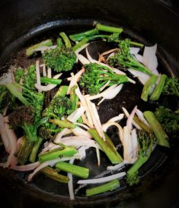 Home Chef Roasted Garlic Butter Steak - cooking broccolini and shallots